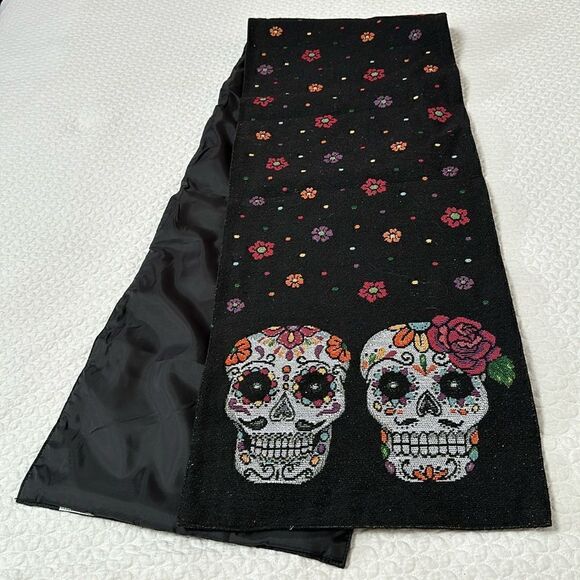 Sugar Skull Table Runner Black Flowers Dia de Los Muertos 70” X 13” Canvas - Picture 2 of 5